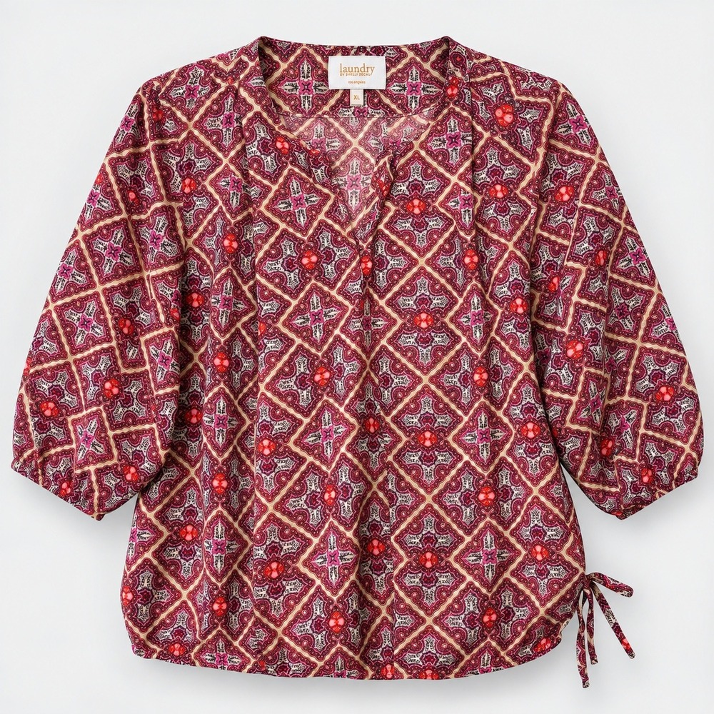 Laundry by Shelli Segal XL Paisley Long Sleeve Blouse Pink Burgundy Side Tie